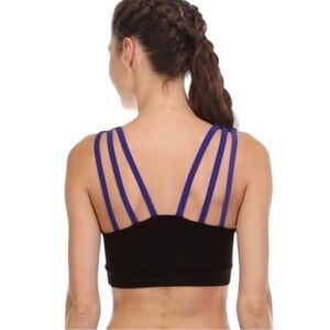 Mono B Womens size S Sports Bra Criss Cross top Royal Blue Black multi straps